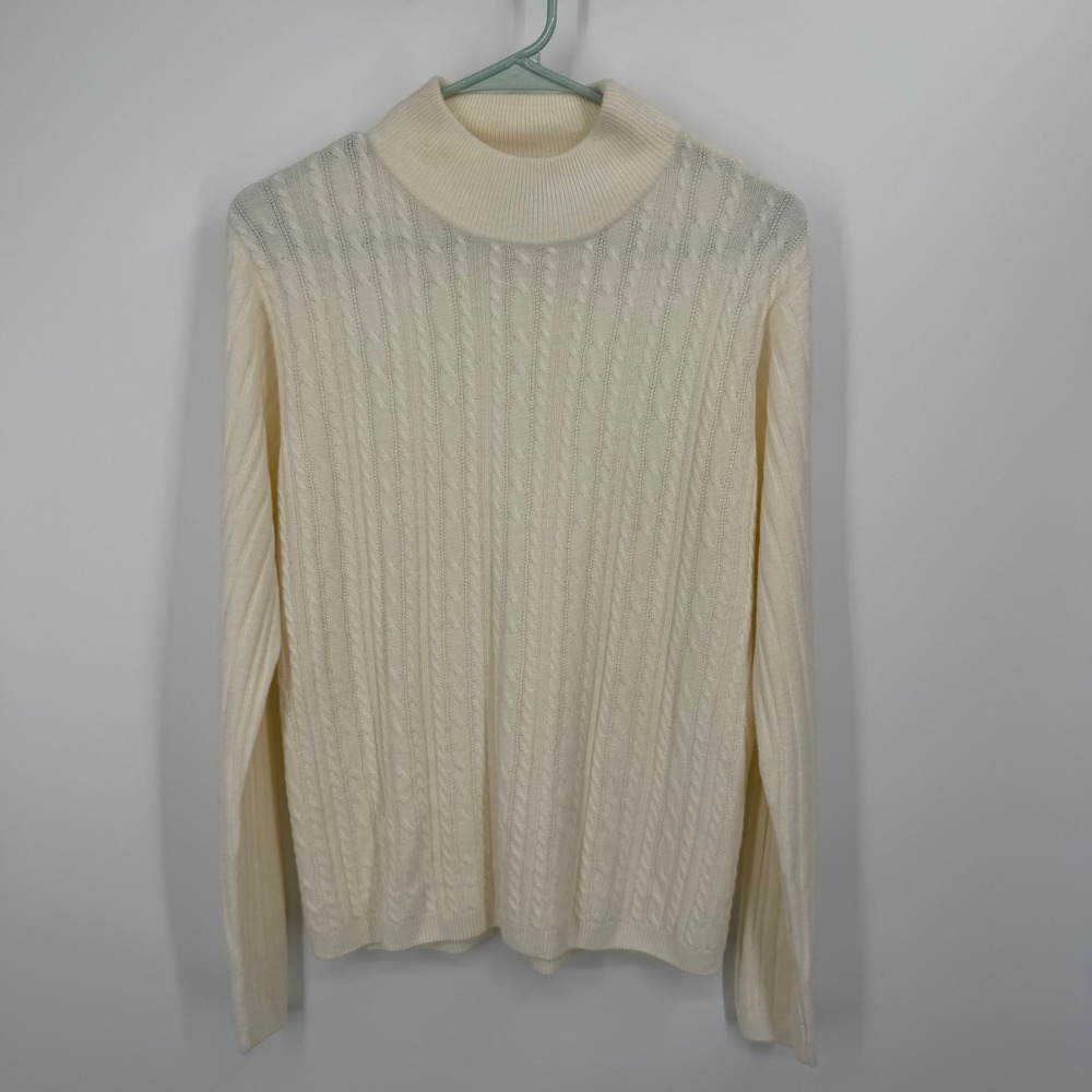 Jenny Buchanan Sweater Women Large Cream Cable Knit Mock Neck Ribbed Long Sleeve